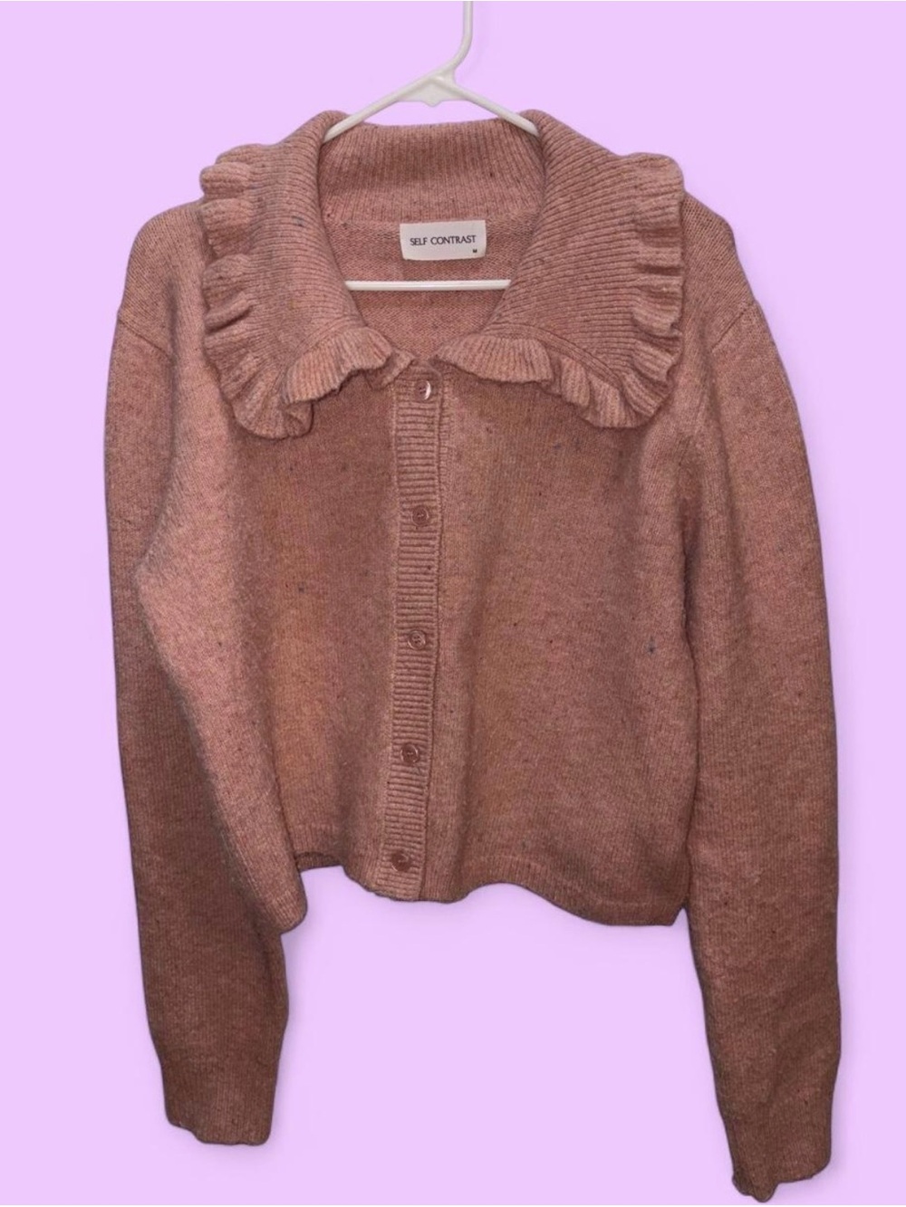 Self Contrast Rosewood Ruffle-Collar Button-Up Cardigan